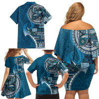 Samoan Siapo Art Tattoo Polynesian Pattern Family Matching Off Shoulder Short Dress and Hawaiian Shirt Teal Color - Polynesian Pride