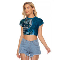 Samoan Siapo Art Tattoo Polynesian Pattern Raglan Cropped T Shirt Teal Color - Polynesian Pride
