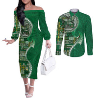 Samoan Siapo Art Tattoo Polynesian Pattern Couples Matching Off The Shoulder Long Sleeve Dress and Long Sleeve Button Shirt Green Color - Polynesian Pride