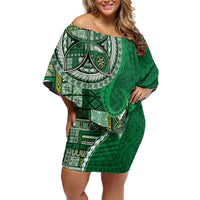 Samoan Siapo Art Tattoo Polynesian Pattern Family Matching Off Shoulder Short Dress and Hawaiian Shirt Green Color - Polynesian Pride
