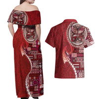 Samoan Siapo Art Tattoo Polynesian Pattern Couples Matching Off Shoulder Maxi Dress and Hawaiian Shirt Red Color - Polynesian Pride