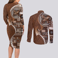 Samoan Siapo Art Tattoo Polynesian Pattern Couples Matching Long Sleeve Bodycon Dress and Long Sleeve Button Shirt Brown Color - Polynesian Pride
