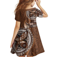 Samoan Siapo Art Tattoo Polynesian Pattern Family Matching Long Sleeve Bodycon Dress and Hawaiian Shirt Brown Color - Polynesian Pride