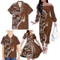 Samoan Siapo Art Tattoo Polynesian Pattern Family Matching Off The Shoulder Long Sleeve Dress and Hawaiian Shirt Brown Color - Polynesian Pride