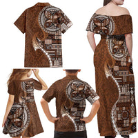 Samoan Siapo Art Tattoo Polynesian Pattern Family Matching Off Shoulder Maxi Dress and Hawaiian Shirt Brown Color - Polynesian Pride