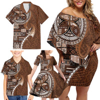 Samoan Siapo Art Tattoo Polynesian Pattern Family Matching Off Shoulder Short Dress and Hawaiian Shirt Brown Color - Polynesian Pride