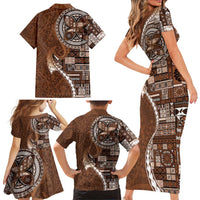 Samoan Siapo Art Tattoo Polynesian Pattern Family Matching Short Sleeve Bodycon Dress and Hawaiian Shirt Brown Color - Polynesian Pride