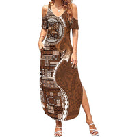 Samoan Siapo Art Tattoo Polynesian Pattern Family Matching Summer Maxi Dress and Hawaiian Shirt Brown Color - Polynesian Pride