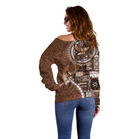 Samoan Siapo Art Tattoo Polynesian Pattern Off Shoulder Sweater Brown Color - Polynesian Pride