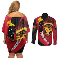 Papua New Guinea Mask Festival Couples Matching Off Shoulder Short Dress and Long Sleeve Button Shirt Papua Niugini Tribe Mask Melanesian Pattern