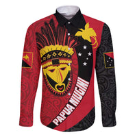 Papua New Guinea Mask Festival Family Matching Off The Shoulder Long Sleeve Dress and Hawaiian Shirt Papua Niugini Tribe Mask Melanesian Pattern LT03 Dad's Shirt - Long Sleeve Red - Polynesian Pride