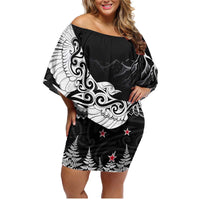 New Zealand Kea Bird Family Matching Off Shoulder Short Dress and Hawaiian Shirt Maori Tattoo and Silver Fern Black Color