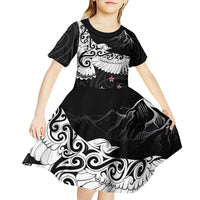 New Zealand Kea Bird Kid Short Sleeve Dress Maori Tattoo and Silver Fern Black Color