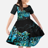 New Zealand Kea Bird Family Matching Summer Maxi Dress and Hawaiian Shirt Maori Tattoo and Silver Fern Paua Shell Style LT03 Daughter's Dress Black - Polynesian Pride