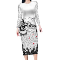 New Zealand Kea Bird Family Matching Long Sleeve Bodycon Dress and Hawaiian Shirt Maori Tattoo and Silver Fern White Color