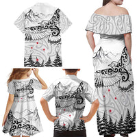 New Zealand Kea Bird Family Matching Off Shoulder Maxi Dress and Hawaiian Shirt Maori Tattoo and Silver Fern White Color