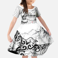 New Zealand Kea Bird Kid Short Sleeve Dress Maori Tattoo and Silver Fern White Color