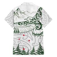New Zealand Kea Bird Family Matching Off The Shoulder Long Sleeve Dress and Hawaiian Shirt Maori Tattoo and Silver Fern Green Color