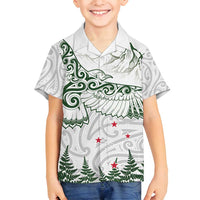 New Zealand Kea Bird Family Matching Summer Maxi Dress and Hawaiian Shirt Maori Tattoo and Silver Fern Green Color LT03 Son's Shirt White - Polynesian Pride