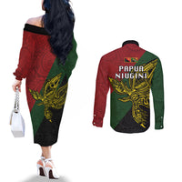 Papua New Guinea Chimbu Province Couples Matching Off The Shoulder Long Sleeve Dress and Long Sleeve Button Shirts PNG Birds Of Paradise Polynesian Arty Style LT03 - Polynesian Pride