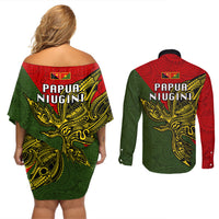 Papua New Guinea Eastern Highlands Province Couples Matching Off Shoulder Short Dress and Long Sleeve Button Shirts PNG Birds Of Paradise Polynesian Arty Style LT03 - Polynesian Pride