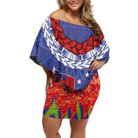 FAST Party Samoa Off Shoulder Short Dress Ula Fala Teuila Polynesian Tapa Pattern LT03 Women Blue - Polynesian Pride