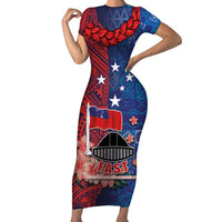 CHOGM FAST Samoa 2024 Short Sleeve Bodycon Dress Samoan Tapa Tribal and Ornament Pattern with Hibiscus LT03 Long Dress Blue - Polynesian Pride