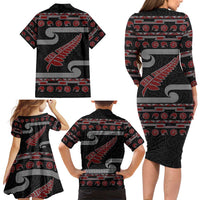 New Zealand Christmas Family Matching Long Sleeve Bodycon Dress and Hawaiian Shirt Meri Kirihimete Silver Fern Knit Style Red Color - Polynesian Pride