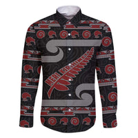 New Zealand Christmas Family Matching Long Sleeve Bodycon Dress and Hawaiian Shirt Meri Kirihimete Silver Fern Knit Style Red Color - Polynesian Pride