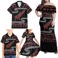 New Zealand Christmas Family Matching Off Shoulder Maxi Dress and Hawaiian Shirt Meri Kirihimete Silver Fern Knit Style Red Color - Polynesian Pride
