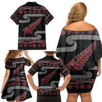 New Zealand Christmas Family Matching Off Shoulder Short Dress and Hawaiian Shirt Meri Kirihimete Silver Fern Knit Style Red Color - Polynesian Pride
