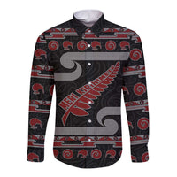 New Zealand Christmas Long Sleeve Button Shirt Meri Kirihimete Silver Fern Knit Style Red Color - Polynesian Pride