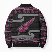 New Zealand Christmas Bomber Puffer Jacket Meri Kirihimete Silver Fern Knit Style Pink Color - Polynesian Pride