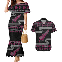 New Zealand Christmas Couples Matching Mermaid Dress and Hawaiian Shirt Meri Kirihimete Silver Fern Knit Style Pink Color - Polynesian Pride