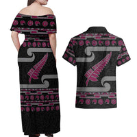 New Zealand Christmas Couples Matching Off Shoulder Maxi Dress and Hawaiian Shirt Meri Kirihimete Silver Fern Knit Style Pink Color - Polynesian Pride