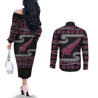 New Zealand Christmas Couples Matching Off The Shoulder Long Sleeve Dress and Long Sleeve Button Shirt Meri Kirihimete Silver Fern Knit Style Pink Color - Polynesian Pride