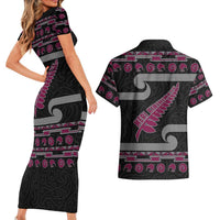 New Zealand Christmas Couples Matching Short Sleeve Bodycon Dress and Hawaiian Shirt Meri Kirihimete Silver Fern Knit Style Pink Color - Polynesian Pride