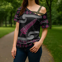 New Zealand Christmas Cross Shoulder Shirt Meri Kirihimete Silver Fern Knit Style Pink Color - Polynesian Pride