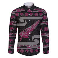 New Zealand Christmas Family Matching Long Sleeve Bodycon Dress and Hawaiian Shirt Meri Kirihimete Silver Fern Knit Style Pink Color - Polynesian Pride