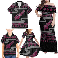 New Zealand Christmas Family Matching Off Shoulder Maxi Dress and Hawaiian Shirt Meri Kirihimete Silver Fern Knit Style Pink Color - Polynesian Pride