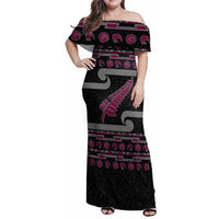 New Zealand Christmas Family Matching Off Shoulder Maxi Dress and Hawaiian Shirt Meri Kirihimete Silver Fern Knit Style Pink Color - Polynesian Pride