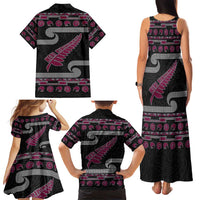 New Zealand Christmas Family Matching Tank Maxi Dress and Hawaiian Shirt Meri Kirihimete Silver Fern Knit Style Pink Color - Polynesian Pride