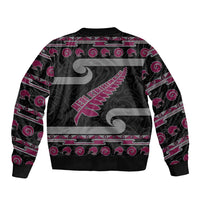 New Zealand Christmas Sleeve Zip Bomber Jacket Meri Kirihimete Silver Fern Knit Style Pink Color - Polynesian Pride