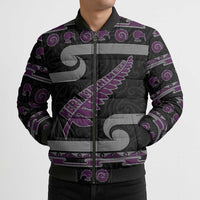 New Zealand Christmas Bomber Puffer Jacket Meri Kirihimete Silver Fern Knit Style Purple Color - Polynesian Pride
