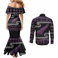 New Zealand Christmas Couples Matching Mermaid Dress and Long Sleeve Button Shirt Meri Kirihimete Silver Fern Knit Style Purple Color - Polynesian Pride