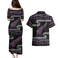 New Zealand Christmas Couples Matching Puletasi and Hawaiian Shirt Meri Kirihimete Silver Fern Knit Style Purple Color - Polynesian Pride
