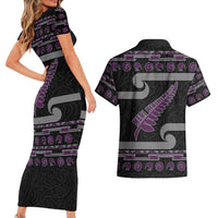 New Zealand Christmas Couples Matching Short Sleeve Bodycon Dress and Hawaiian Shirt Meri Kirihimete Silver Fern Knit Style Purple Color - Polynesian Pride
