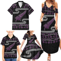 New Zealand Christmas Family Matching Summer Maxi Dress and Hawaiian Shirt Meri Kirihimete Silver Fern Knit Style Purple Color - Polynesian Pride