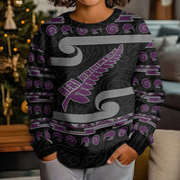 New Zealand Christmas Kid Ugly Christmas Sweater Meri Kirihimete Silver Fern Knit Style Purple Color - Polynesian Pride