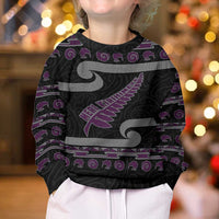 New Zealand Christmas Kid Ugly Christmas Sweater Meri Kirihimete Silver Fern Knit Style Purple Color - Polynesian Pride